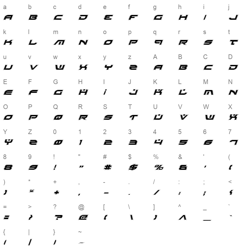 battlefield pro italic Character Map