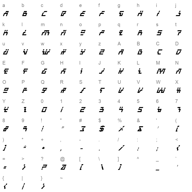 beam rider bold italic laser Character Map