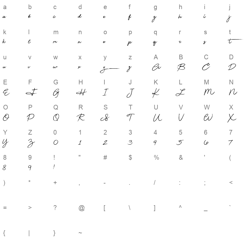 beauty handwriting Character Map