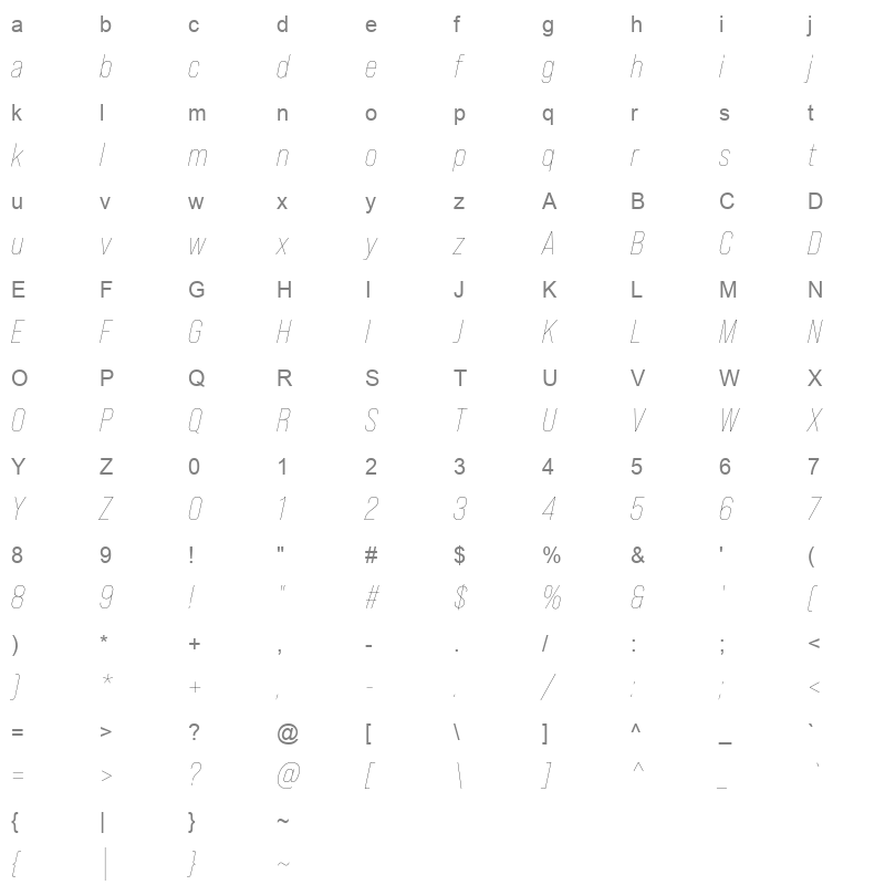 bebas neue pro thin italic Character Map