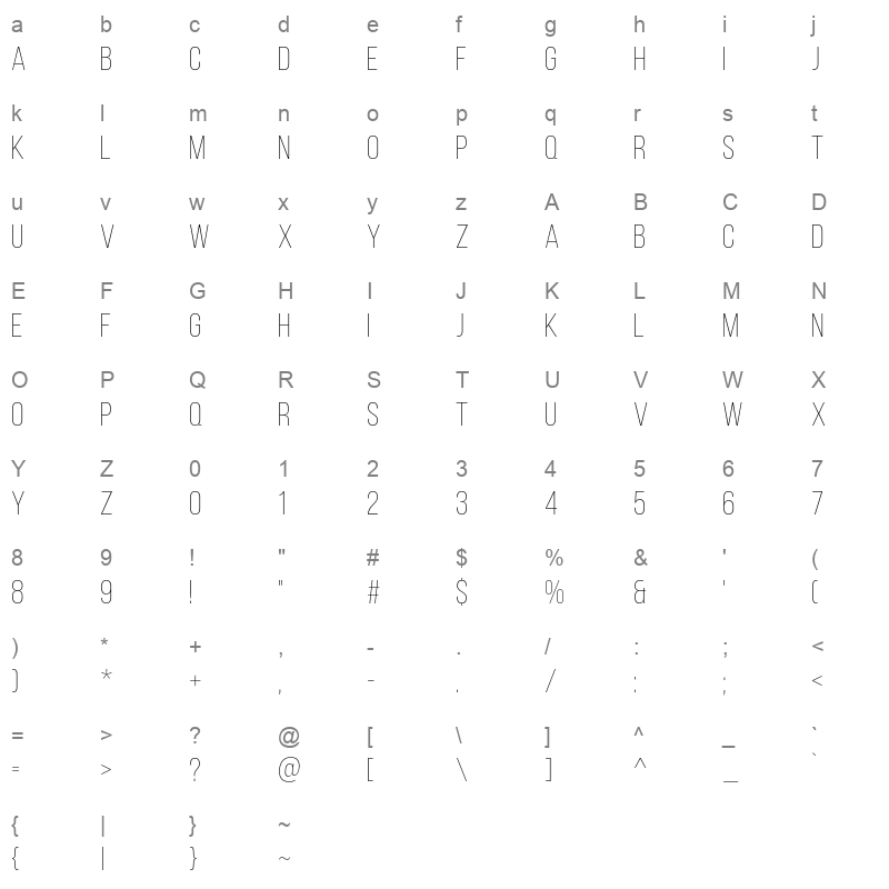 BebasNeue Light Character Map