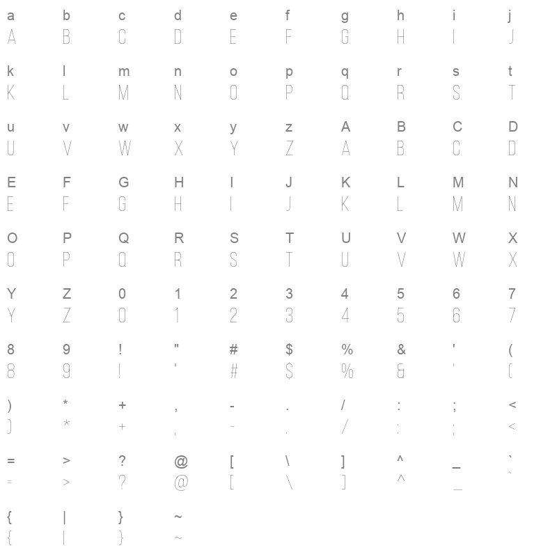 BebasNeue Thin Character Map