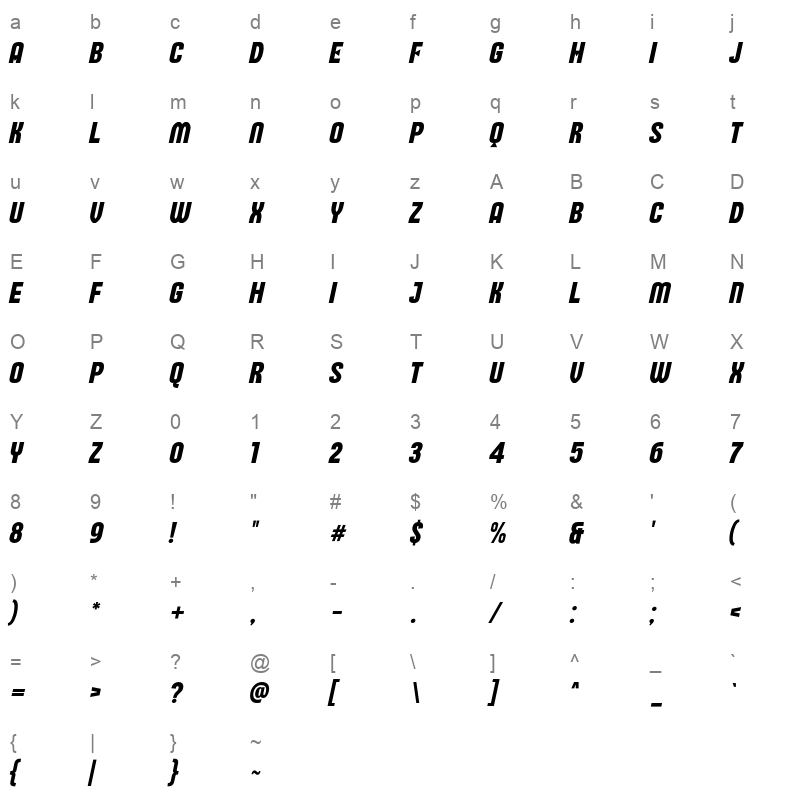 behover slanted Character Map