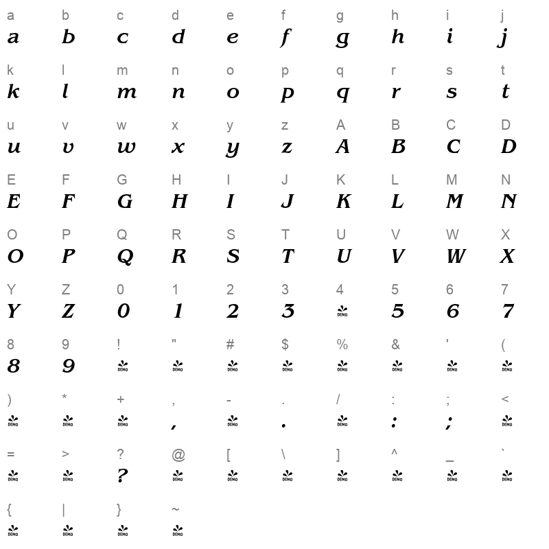 benecarlo medium italic Character Map