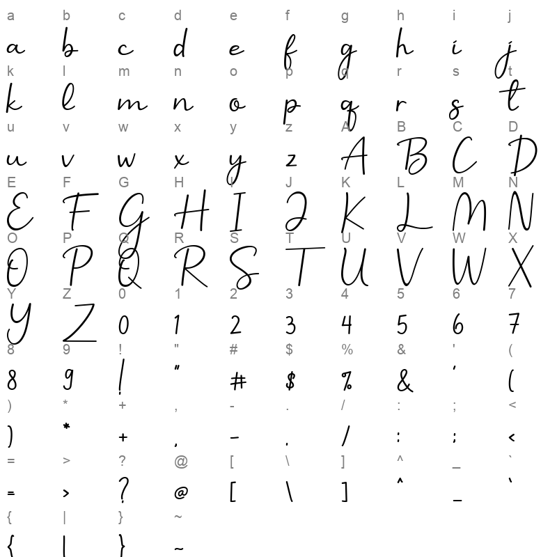 benilla calligraphy Character Map