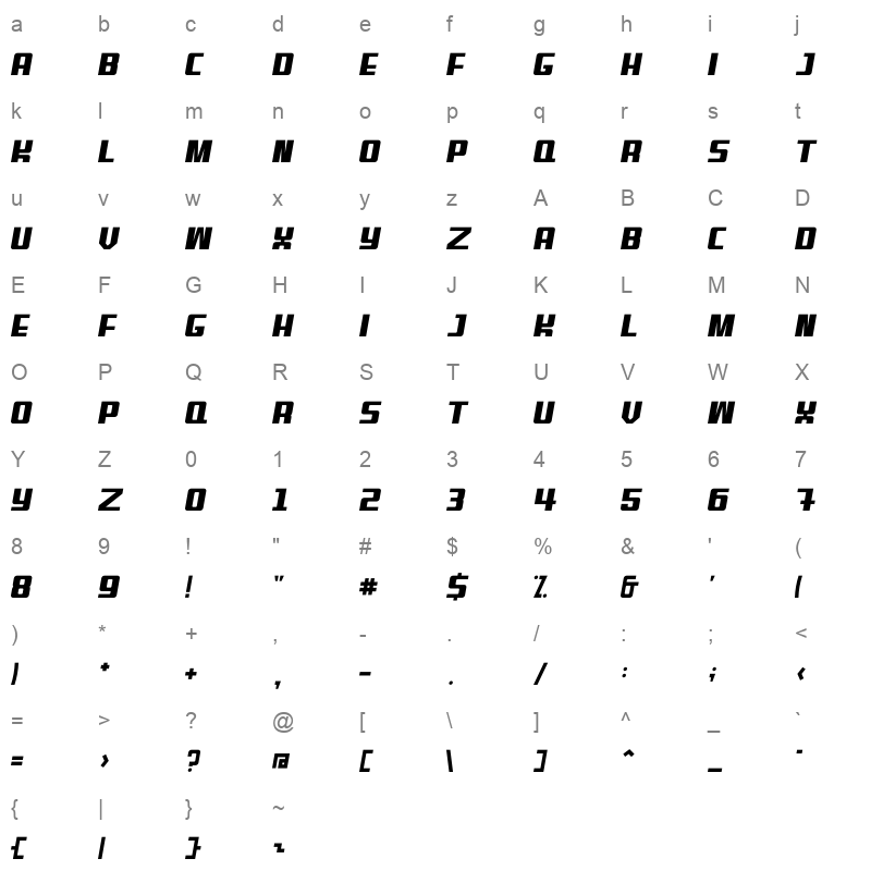 benn light italic Character Map