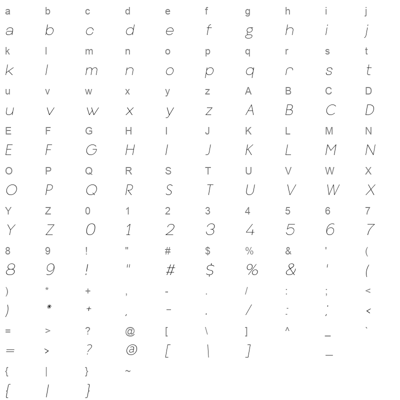 bennett extra light italic Character Map