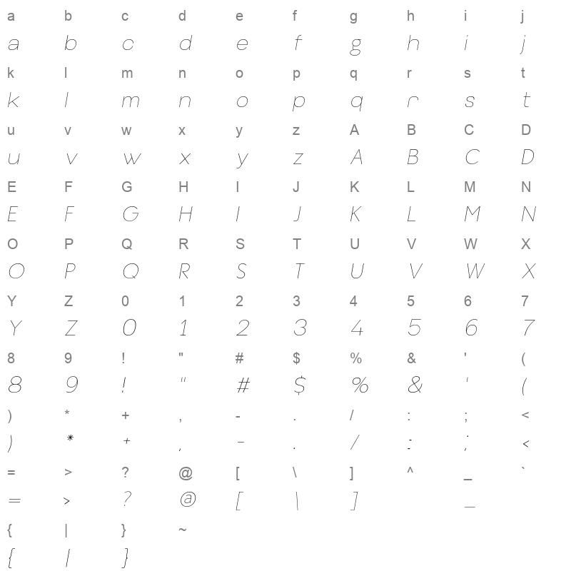 bennett thin italic Character Map