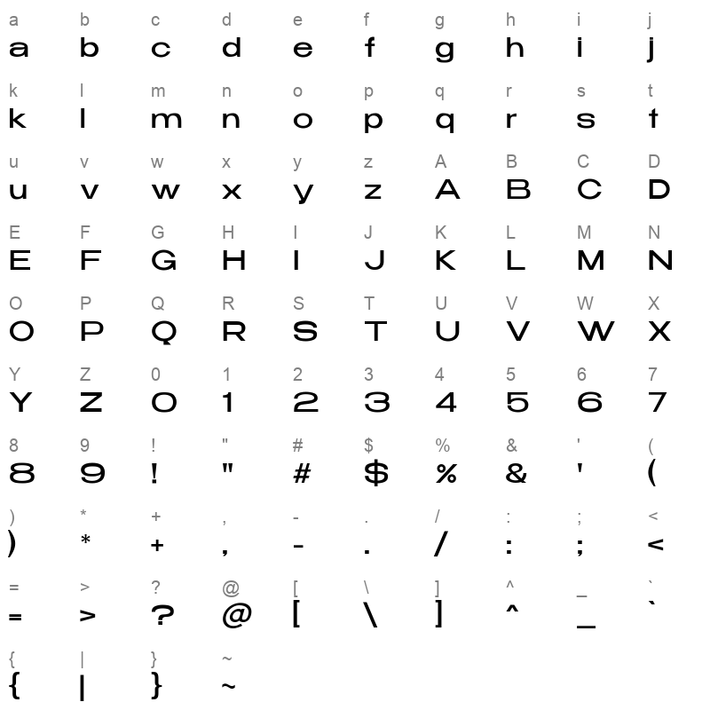benzin regular Character Map