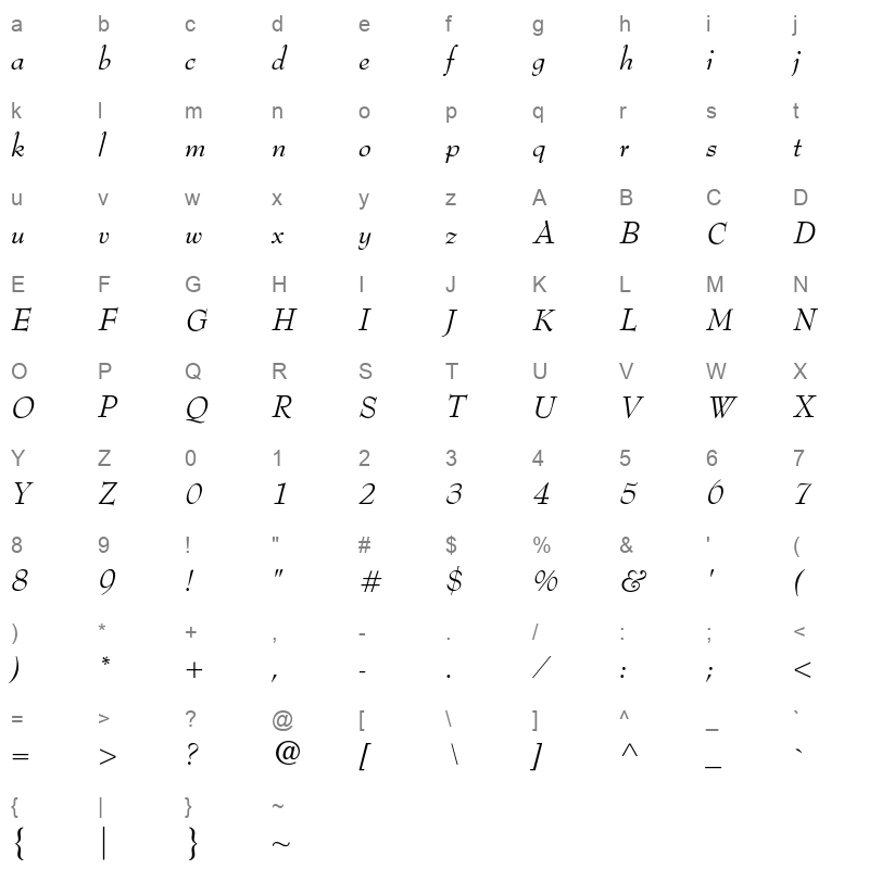 bernhard modern std italic Character Map