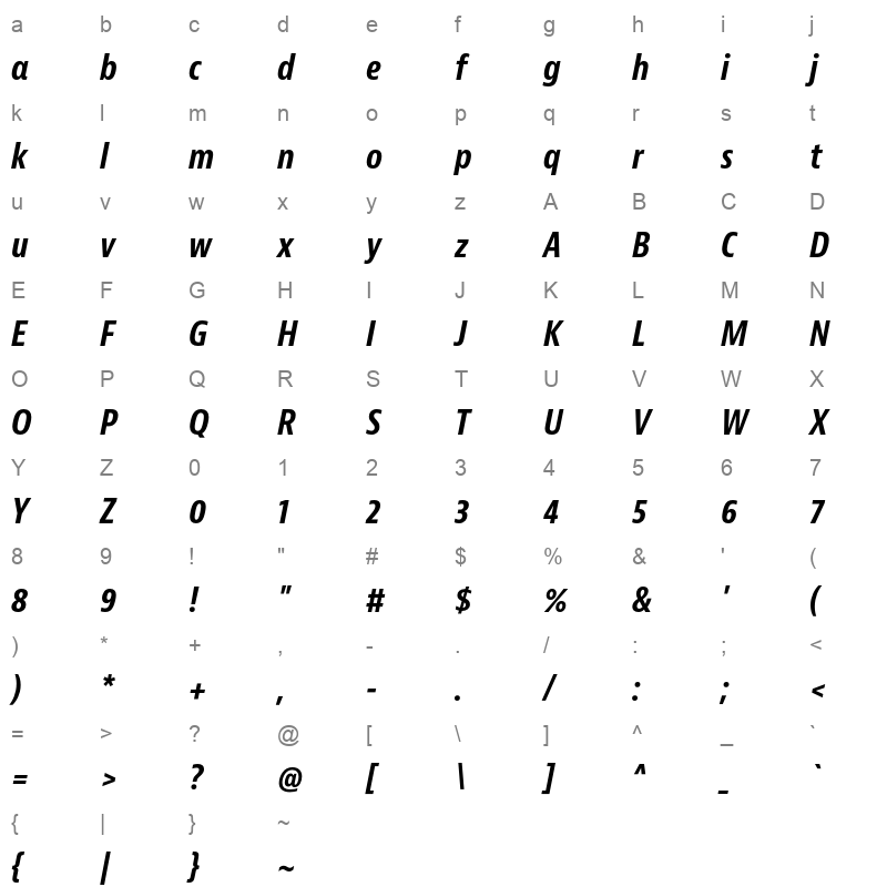 bernina sans condensed bold italic Character Map