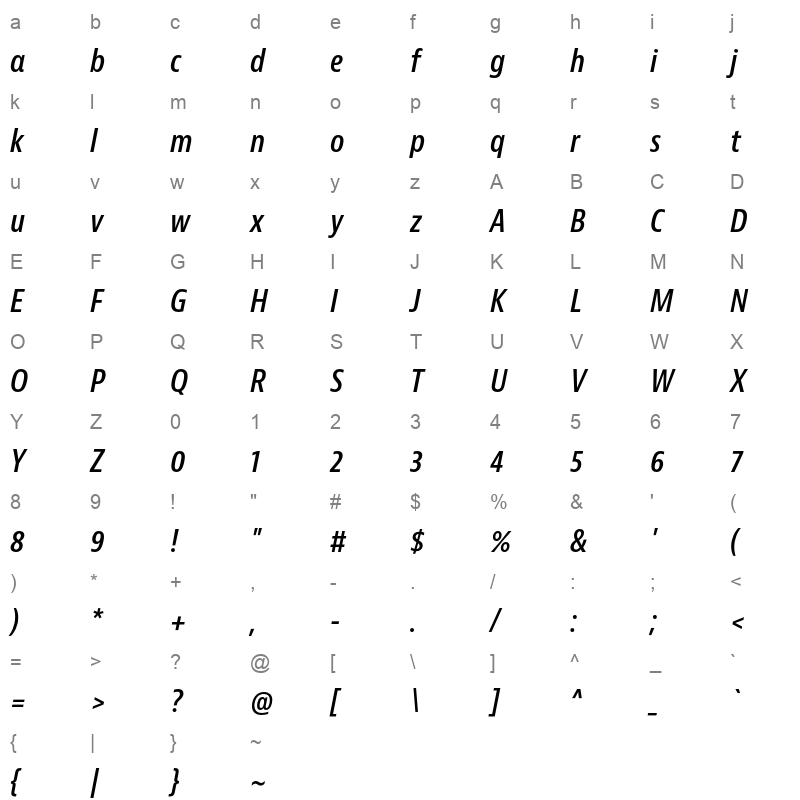 bernina sans condensed semibold italic Character Map