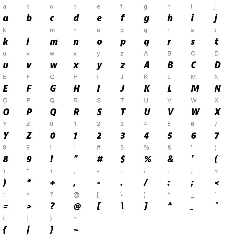 bernina sans narrow extrabold italic Character Map