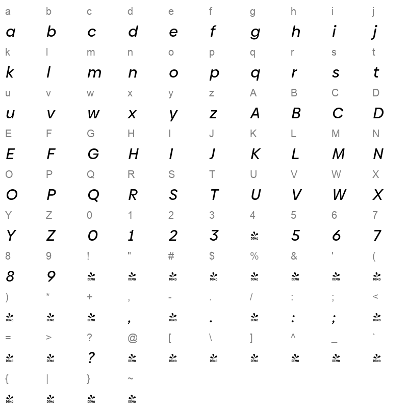 biennale medium italic Character Map