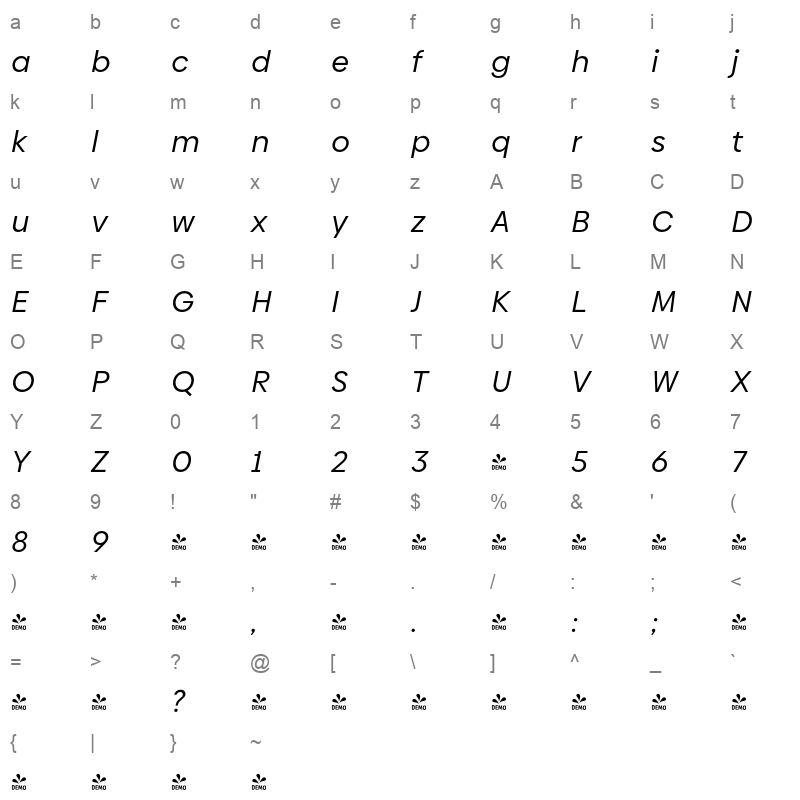 biennale regular italic Character Map