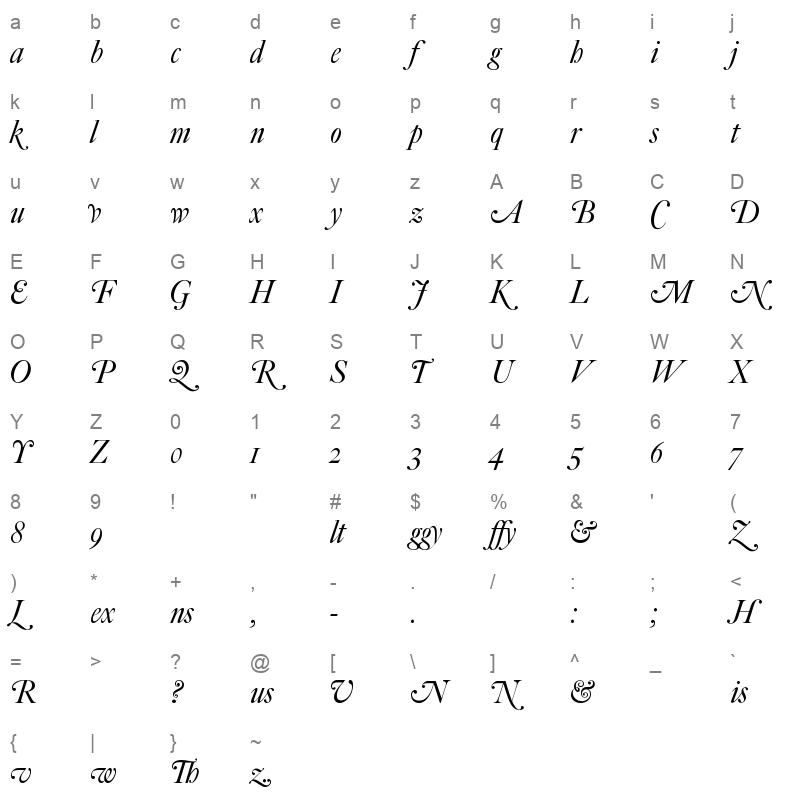 big caslon italic swash Character Map