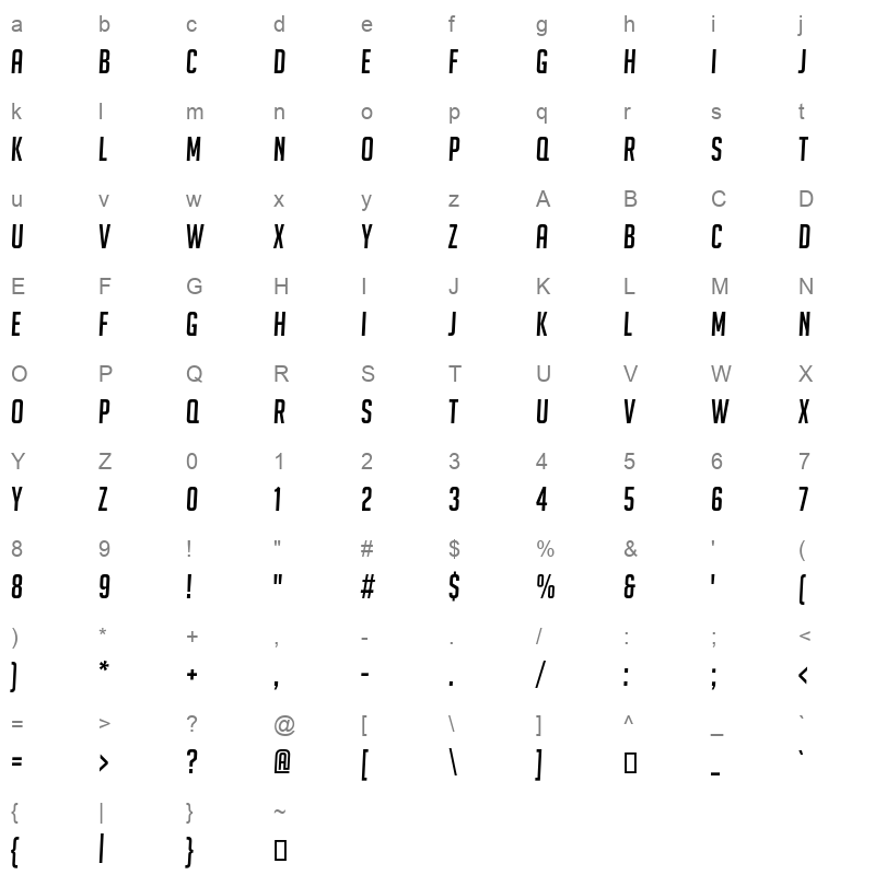 big noodle titling oblique Character Map