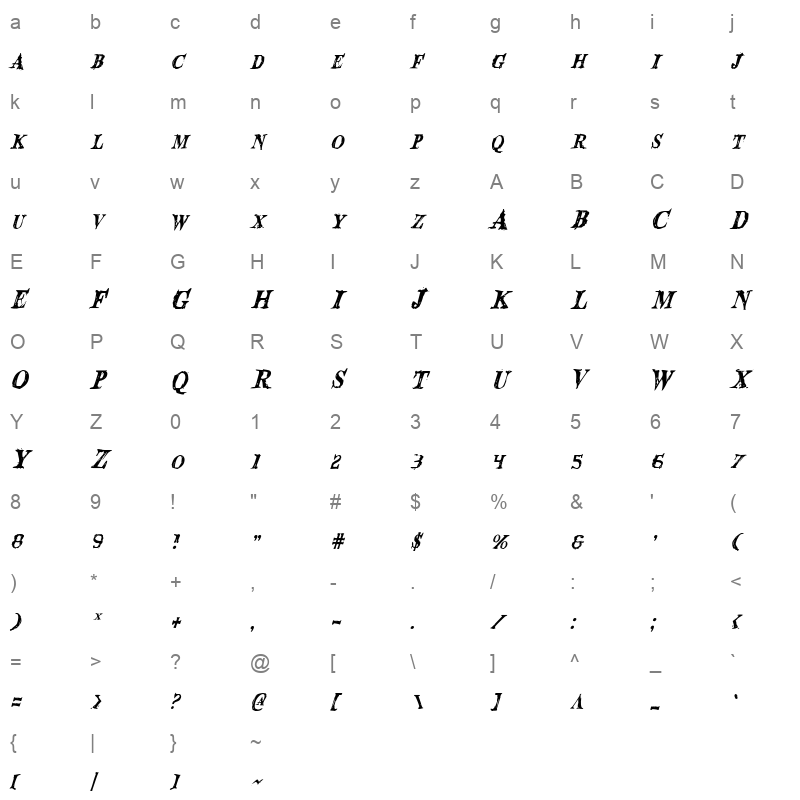 blood crow italic Character Map