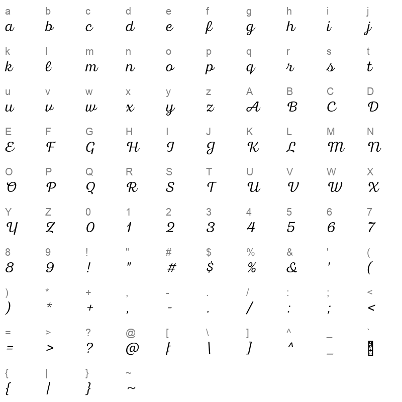 bluestar light italic Character Map