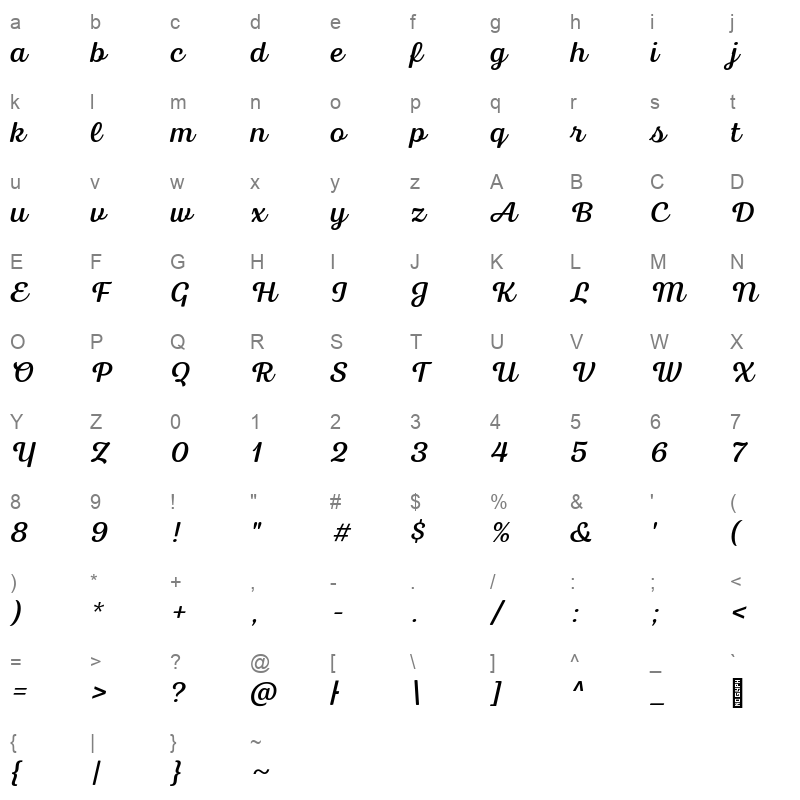 bluestar regular italic Character Map