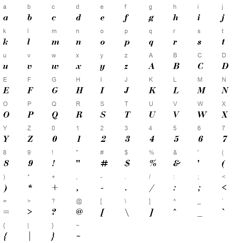 bodoni ctt bold italic Character Map