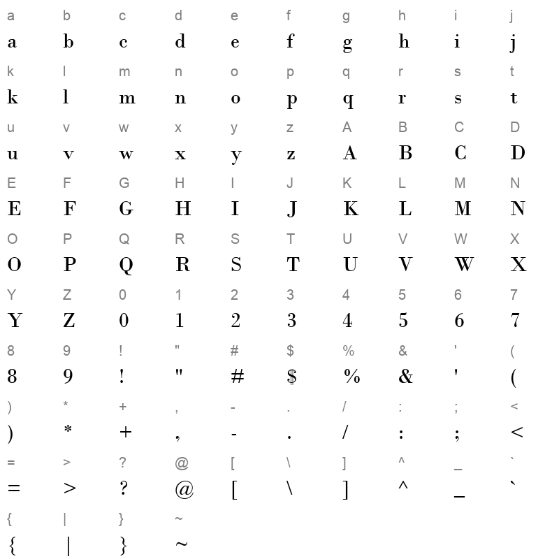 bodoni mt regular Character Map