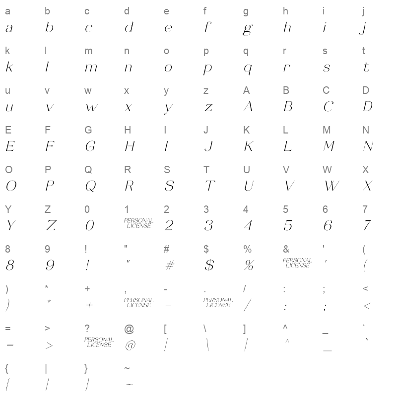 Brilliant Grunge Italic Character Map