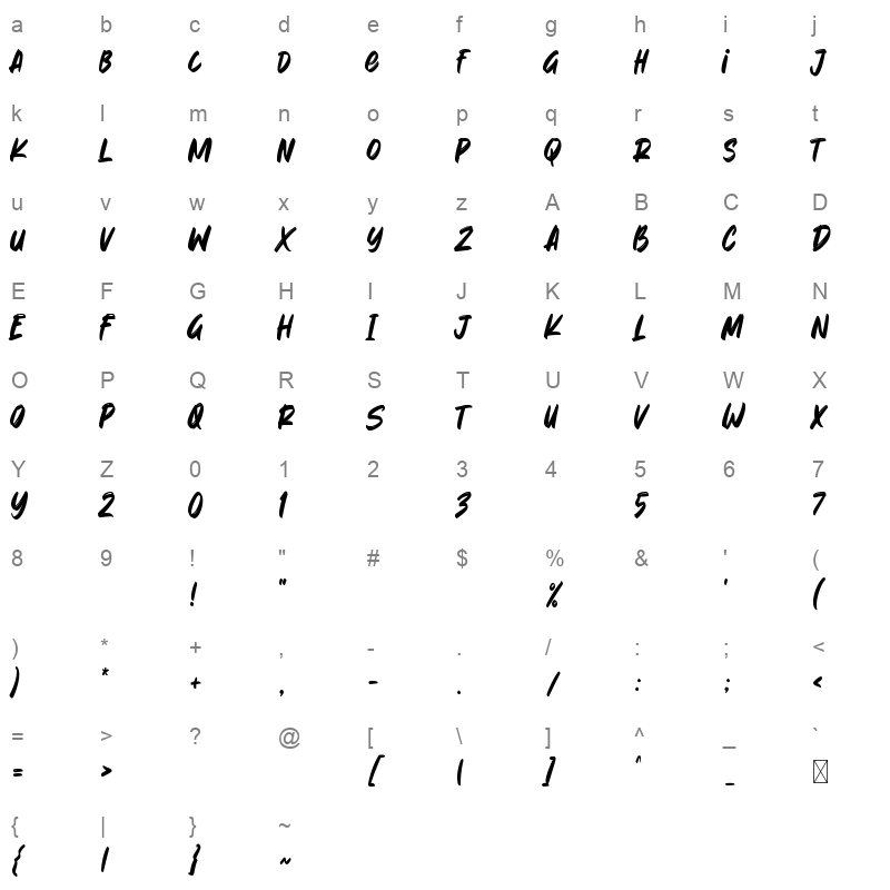 Brush Besh TTF Character Map
