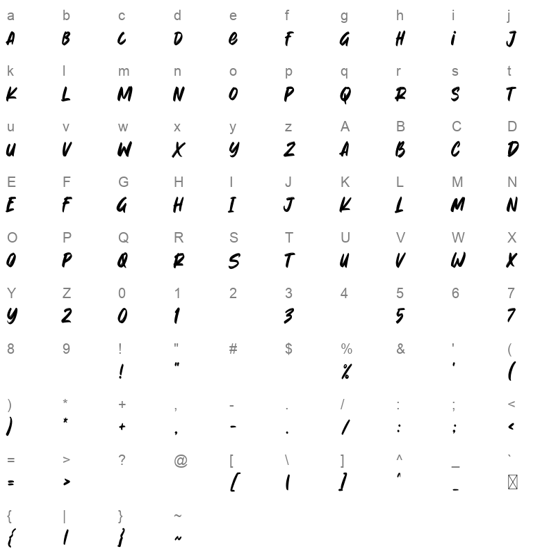 Brush Besh Character Map