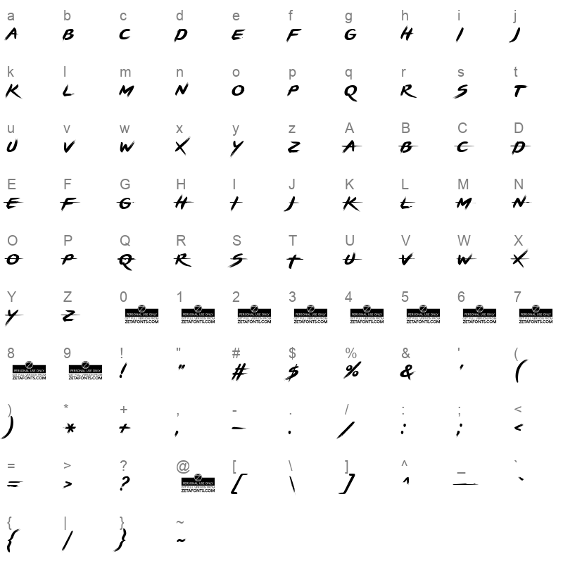 Brushstrike trial Character Map