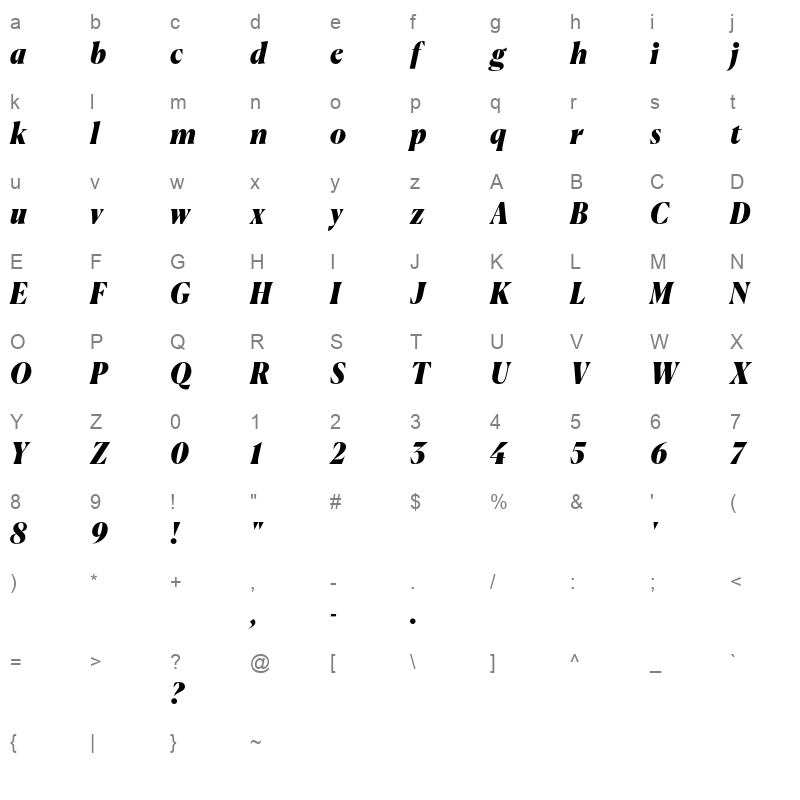 Canela BlackItalic Trial Character Map