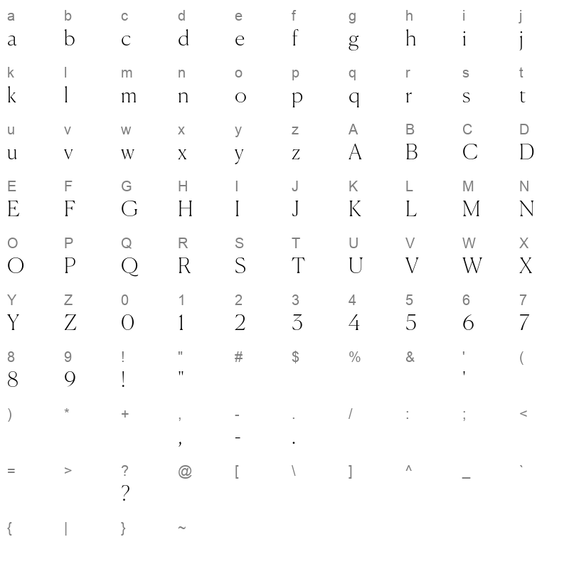 Canela Thin Trial Character Map