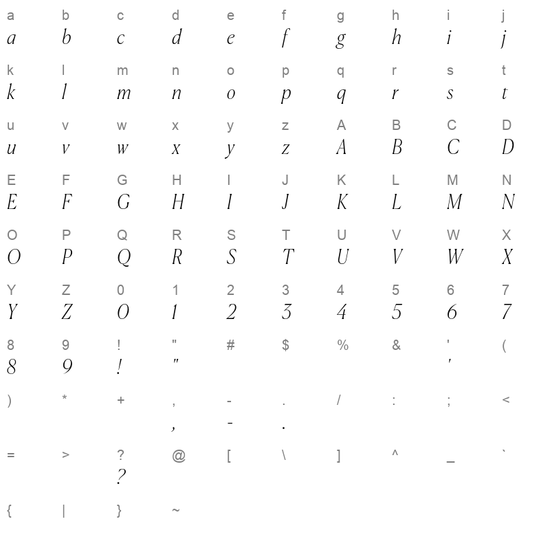 Canela ThinItalic Trial Character Map