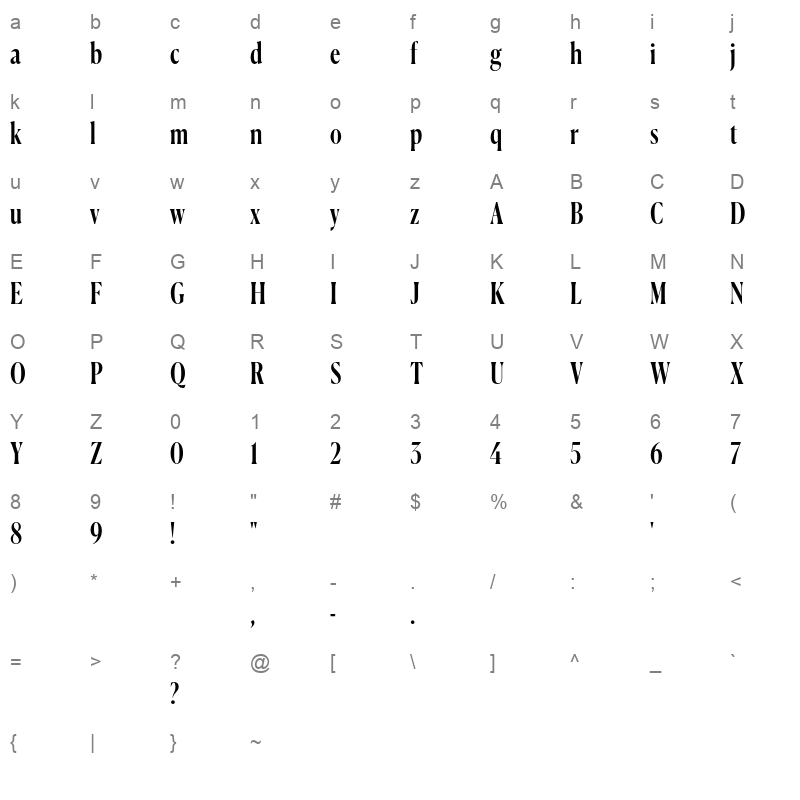 CanelaCondensed Medium Trial Character Map