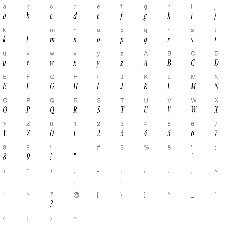 CanelaCondensed RegularItalic Trial Character Map
