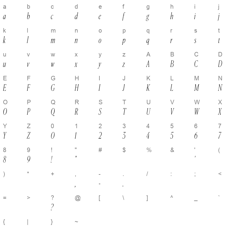 CanelaCondensed ThinItalic Trial Character Map