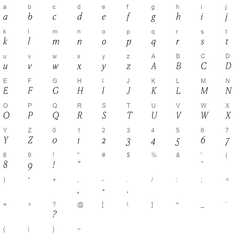 CanelaText ThinItalic Trial Character Map
