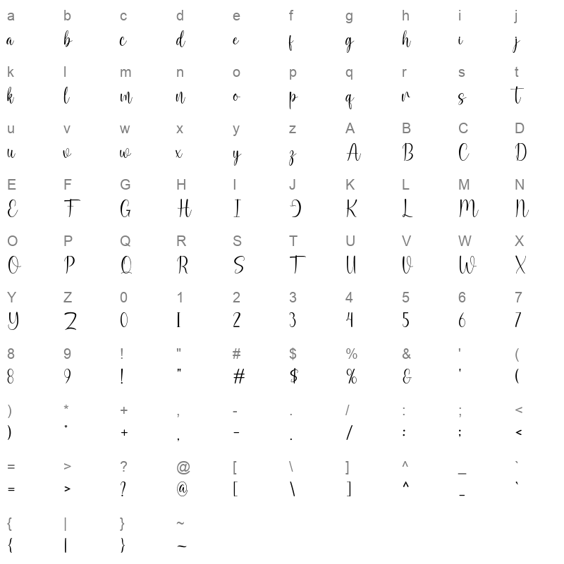 December Script Character Map