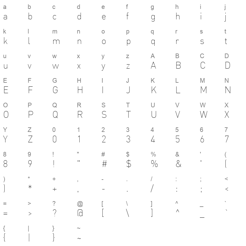 DINArabic Thin Character Map
