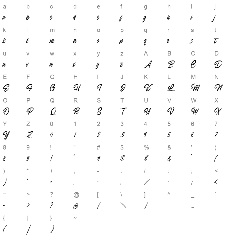 EndelineScript Regular woff2 Character Map