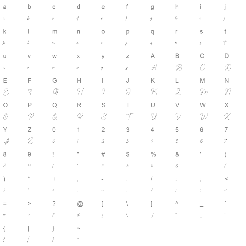 Fashion Script Character Map