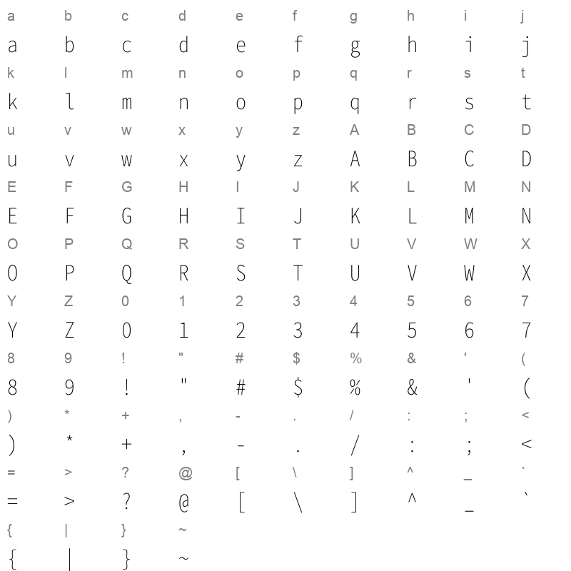 Gen Shin Gothic Monospace ExtraLight Character Map