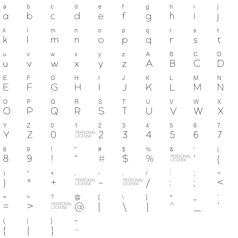 GexoSans Thin Character Map
