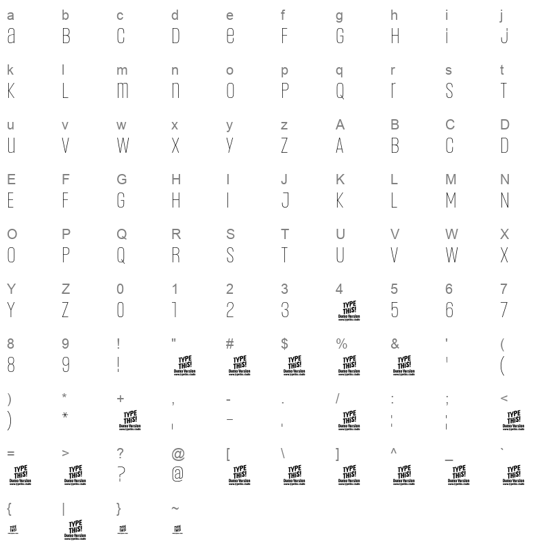 Headlines UniA Light Character Map