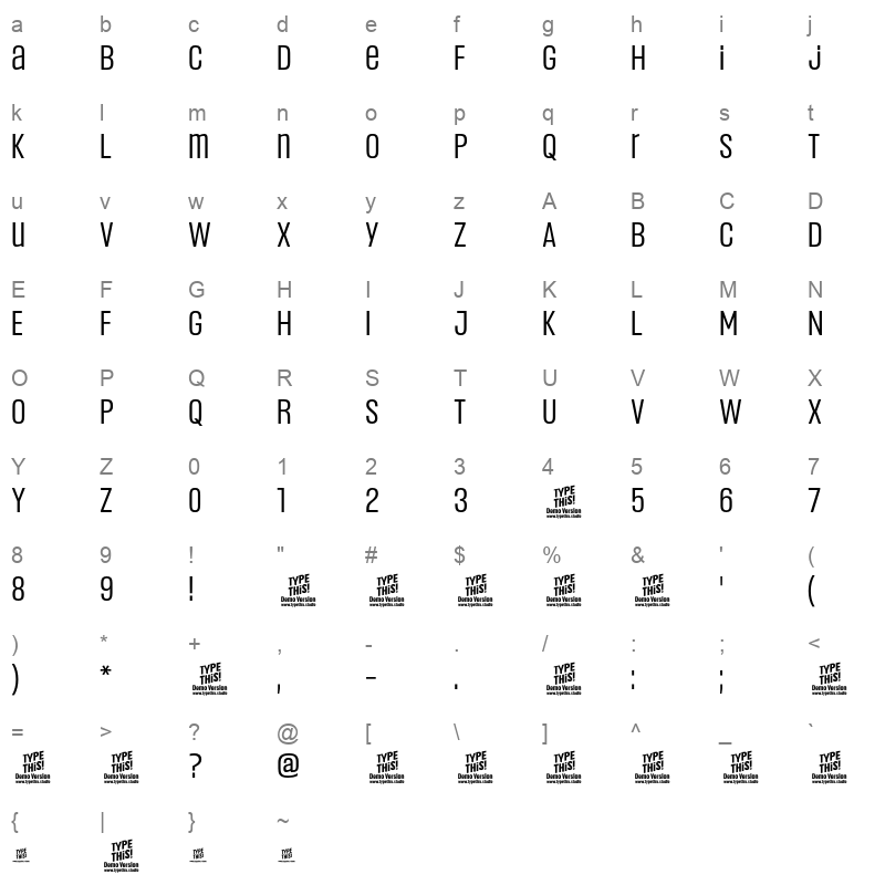 Headlines UniA Regular Character Map
