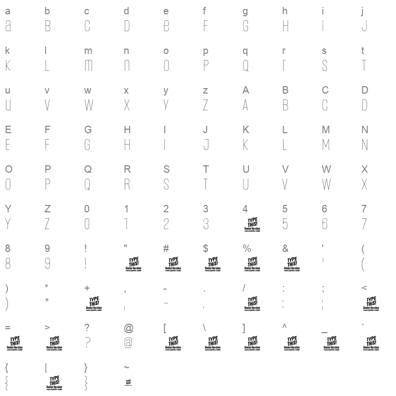 Headlines UniB Thin Character Map