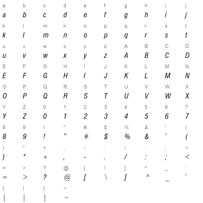 Helvetica Condensed BQ Regular Character Map