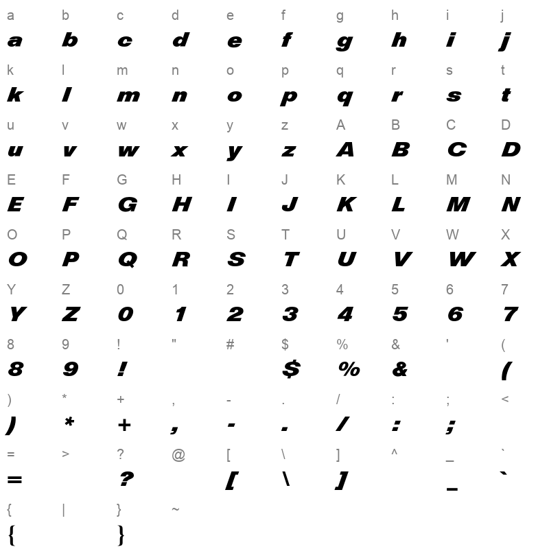 Helvetica Diagonal BQ Regular Character Map