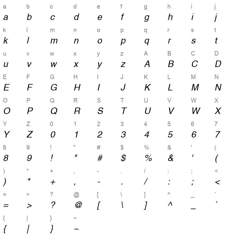 Helvetica LT Italic Character Map
