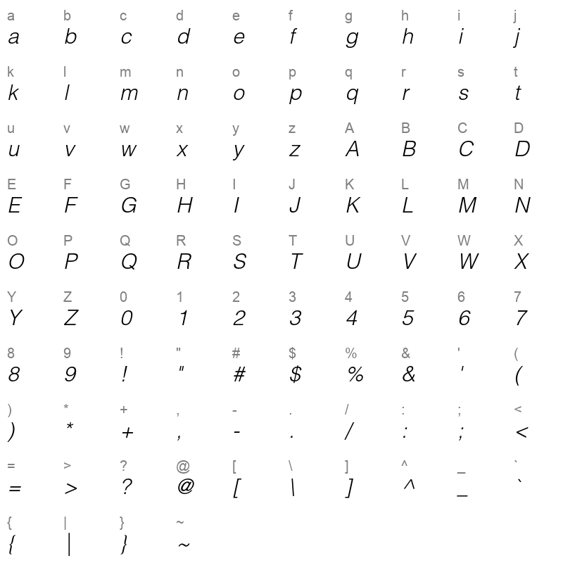 Helvetica LT Std Light Oblique Character Map